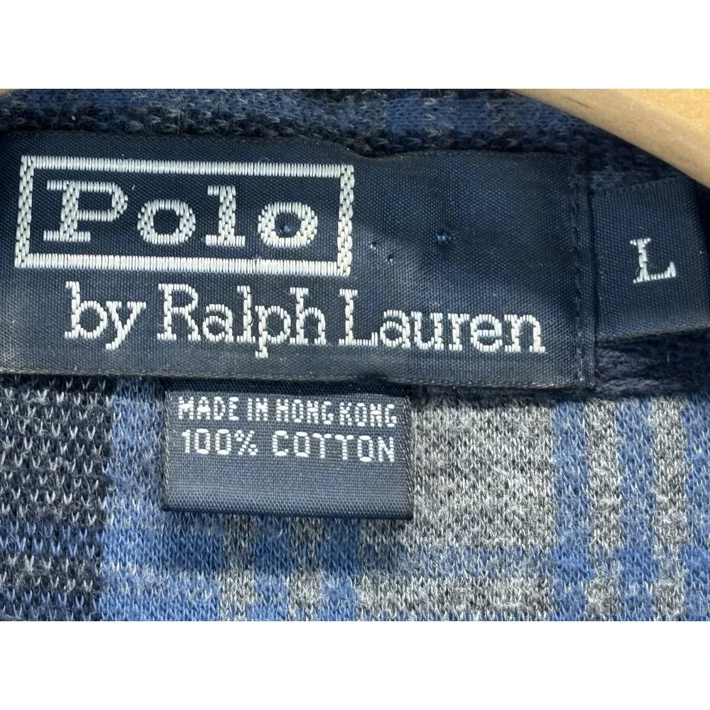 Vtg Polo Ralph Lauren Flannel Polo Shirt Men's L Blue Grey Plaid Pony Logo 90s